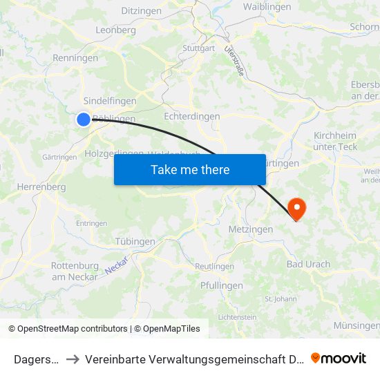 Dagersheim to Vereinbarte Verwaltungsgemeinschaft Der Stadt Neuffen map