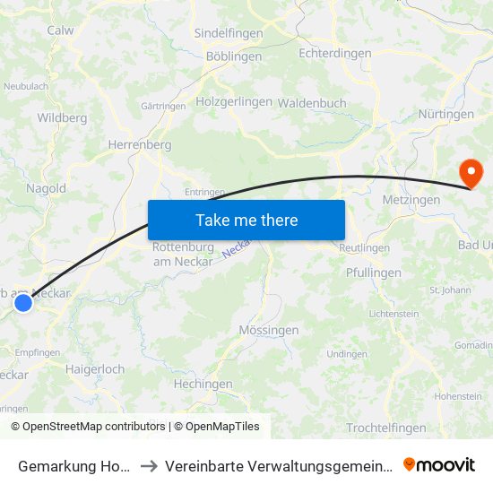 Gemarkung Horb am Neckar to Vereinbarte Verwaltungsgemeinschaft Der Stadt Neuffen map