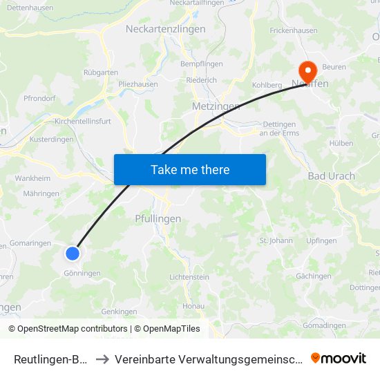 Reutlingen-Bronnweiler to Vereinbarte Verwaltungsgemeinschaft Der Stadt Neuffen map