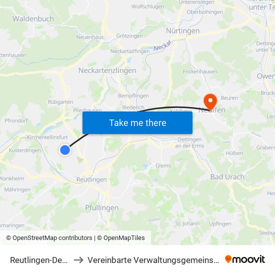 Reutlingen-Degerschlacht to Vereinbarte Verwaltungsgemeinschaft Der Stadt Neuffen map