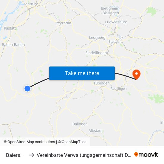Baiersbronn to Vereinbarte Verwaltungsgemeinschaft Der Stadt Neuffen map