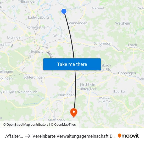 Affalterbach to Vereinbarte Verwaltungsgemeinschaft Der Stadt Neuffen map