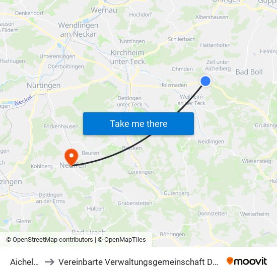 Aichelberg to Vereinbarte Verwaltungsgemeinschaft Der Stadt Neuffen map