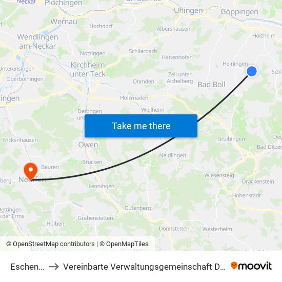 Eschenbach to Vereinbarte Verwaltungsgemeinschaft Der Stadt Neuffen map
