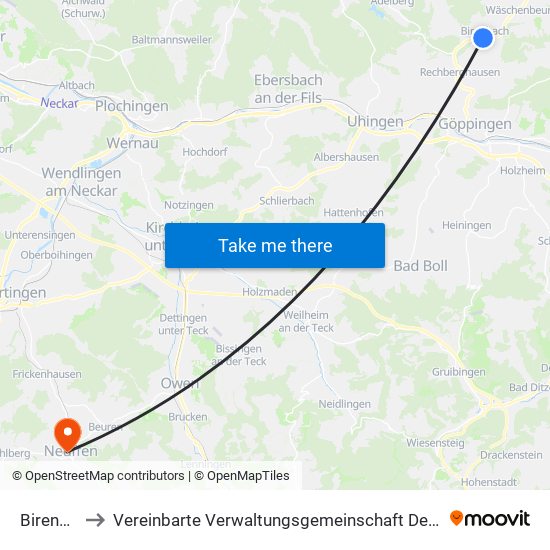 Birenbach to Vereinbarte Verwaltungsgemeinschaft Der Stadt Neuffen map