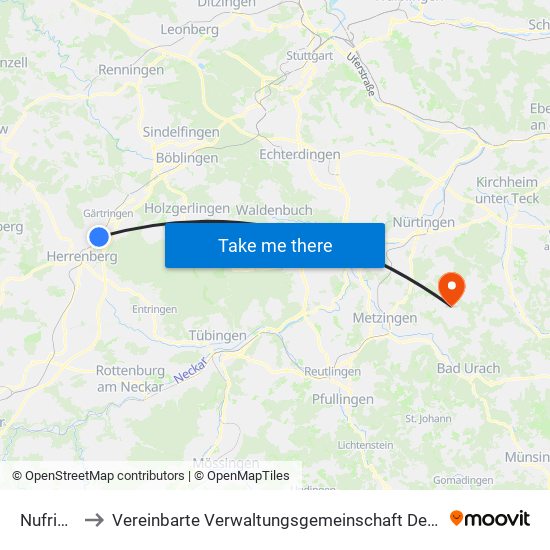 Nufringen to Vereinbarte Verwaltungsgemeinschaft Der Stadt Neuffen map