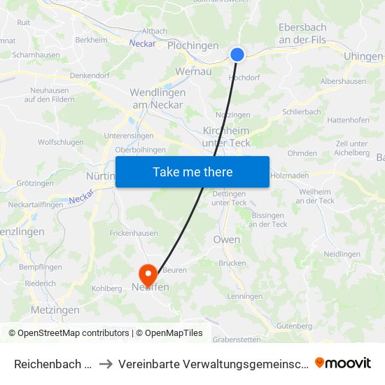 Reichenbach An Der Fils to Vereinbarte Verwaltungsgemeinschaft Der Stadt Neuffen map