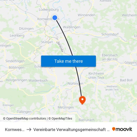 Kornwestheim to Vereinbarte Verwaltungsgemeinschaft Der Stadt Neuffen map