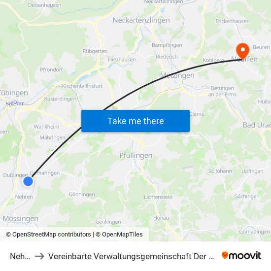 Nehren to Vereinbarte Verwaltungsgemeinschaft Der Stadt Neuffen map