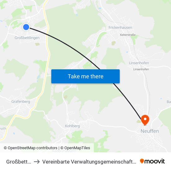 Großbettlingen to Vereinbarte Verwaltungsgemeinschaft Der Stadt Neuffen map
