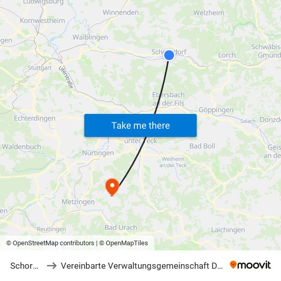 Schorndorf to Vereinbarte Verwaltungsgemeinschaft Der Stadt Neuffen map