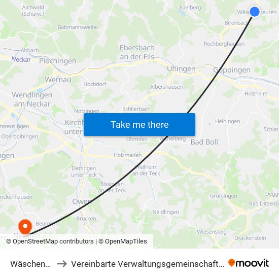 Wäschenbeuren to Vereinbarte Verwaltungsgemeinschaft Der Stadt Neuffen map