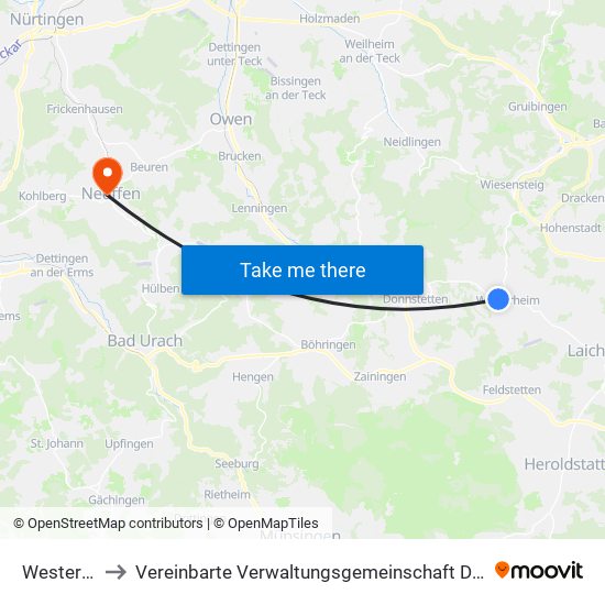 Westerheim to Vereinbarte Verwaltungsgemeinschaft Der Stadt Neuffen map