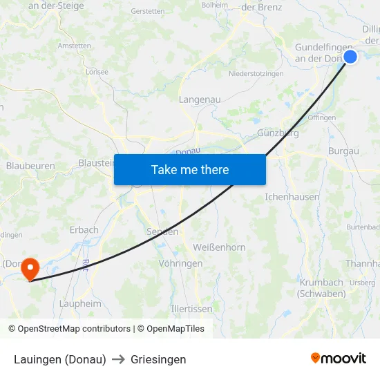 Lauingen (Donau) to Griesingen map