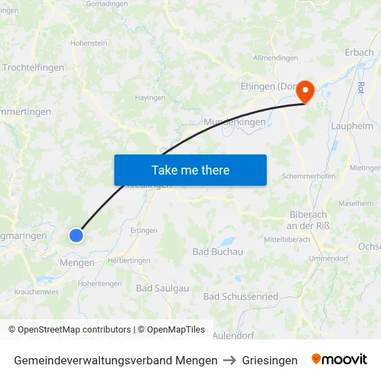 Gemeindeverwaltungsverband Mengen to Griesingen map