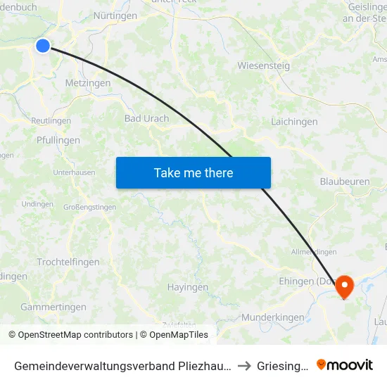 Gemeindeverwaltungsverband Pliezhausen to Griesingen map