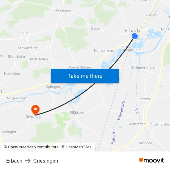 Erbach to Griesingen map