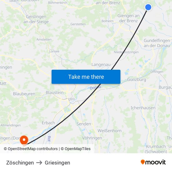 Zöschingen to Griesingen map