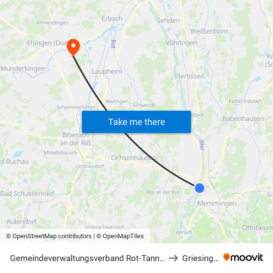 Gemeindeverwaltungsverband Rot-Tannheim to Griesingen map