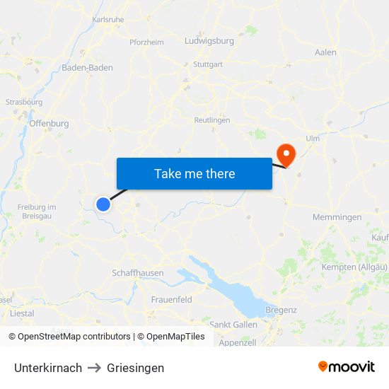 Unterkirnach to Griesingen map