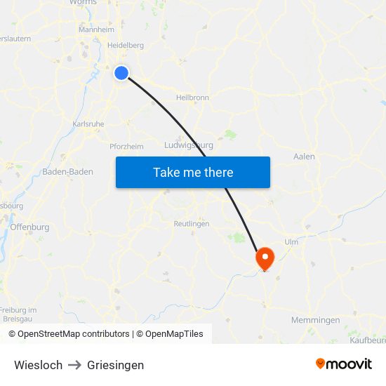 Wiesloch to Griesingen map