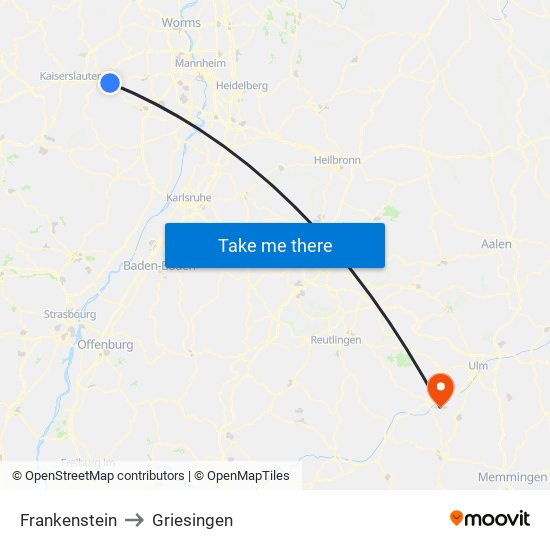 Frankenstein to Griesingen map