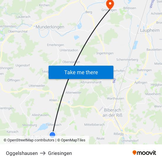 Oggelshausen to Griesingen map