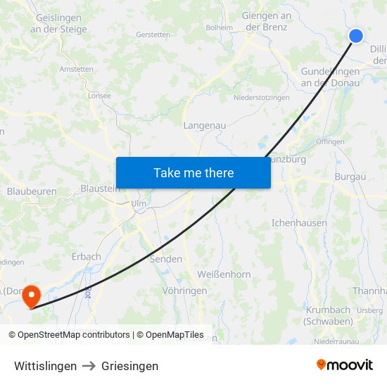 Wittislingen to Griesingen map