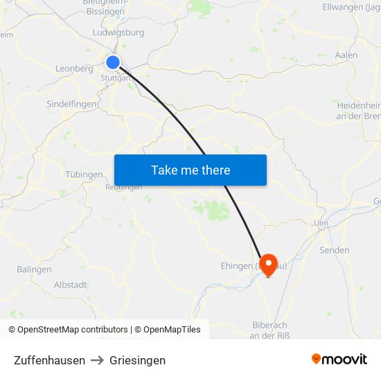 Zuffenhausen to Griesingen map