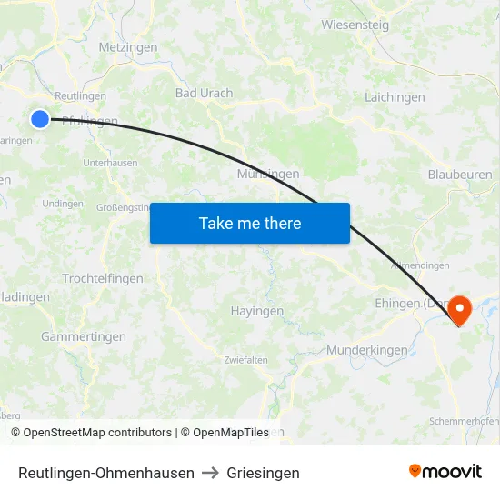 Reutlingen-Ohmenhausen to Griesingen map