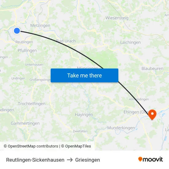Reutlingen-Sickenhausen to Griesingen map