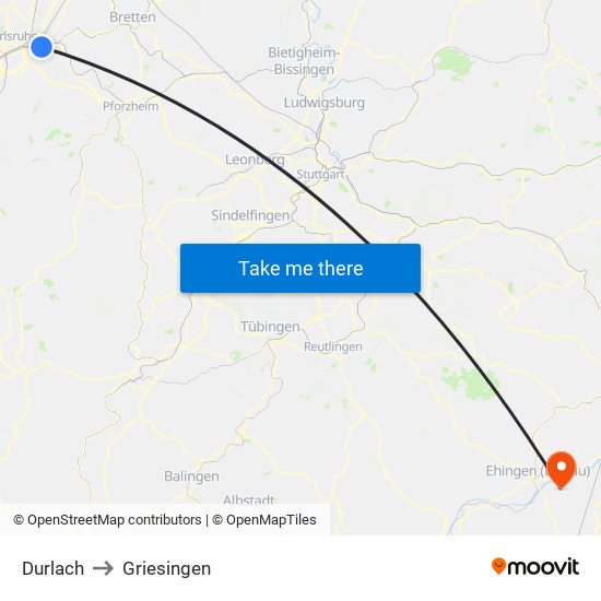 Durlach to Griesingen map