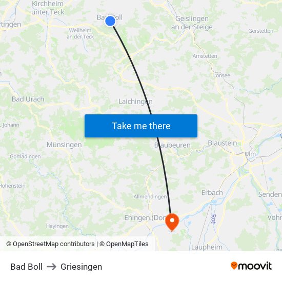 Bad Boll to Griesingen map