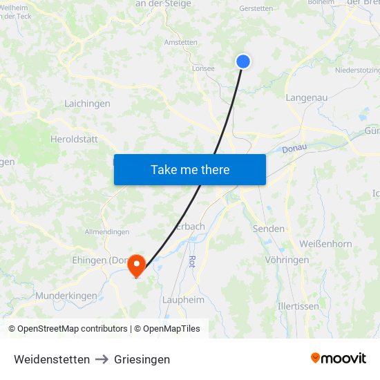 Weidenstetten to Griesingen map