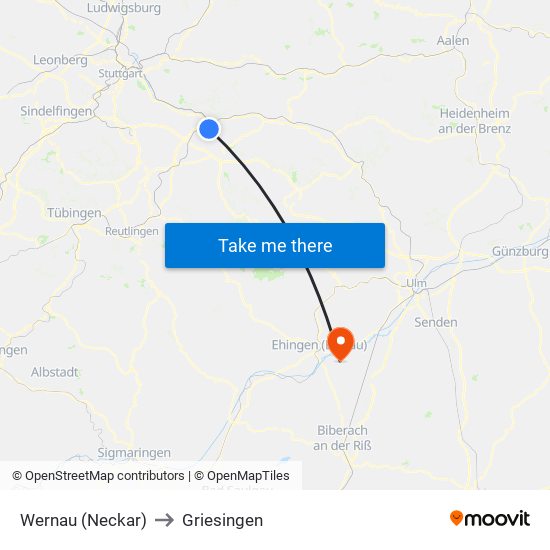 Wernau (Neckar) to Griesingen map