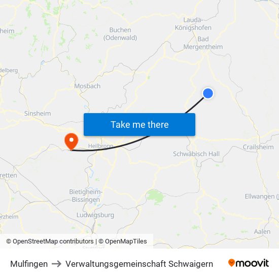 Mulfingen to Verwaltungsgemeinschaft Schwaigern map