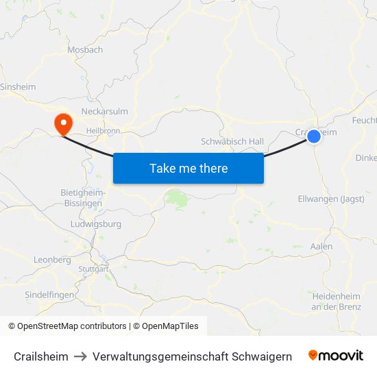 Crailsheim to Verwaltungsgemeinschaft Schwaigern map