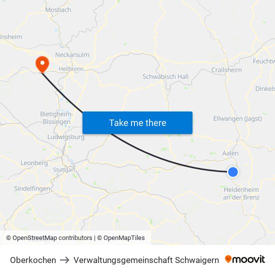 Oberkochen to Verwaltungsgemeinschaft Schwaigern map