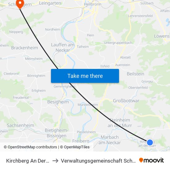 Kirchberg An Der Murr to Verwaltungsgemeinschaft Schwaigern map