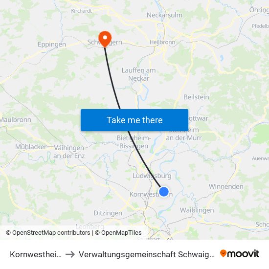 Kornwestheim to Verwaltungsgemeinschaft Schwaigern map
