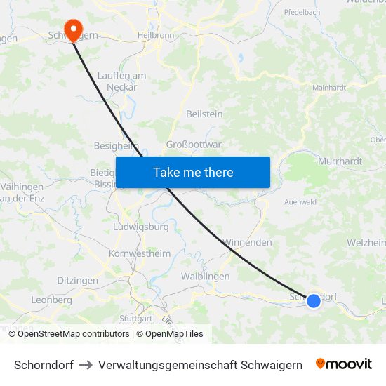 Schorndorf to Verwaltungsgemeinschaft Schwaigern map