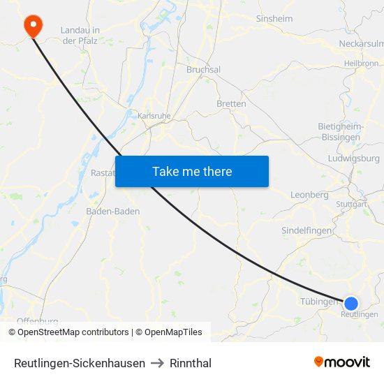 Reutlingen-Sickenhausen to Rinnthal map