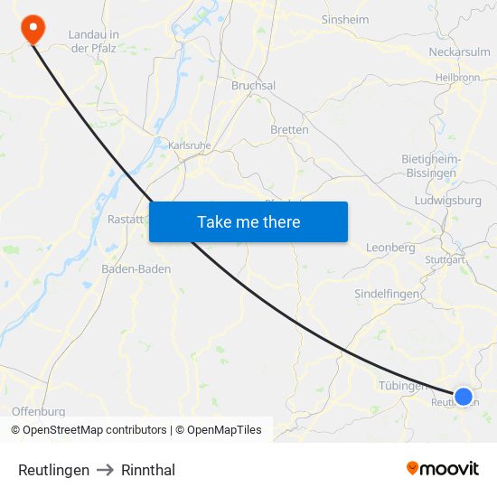 Reutlingen to Rinnthal map
