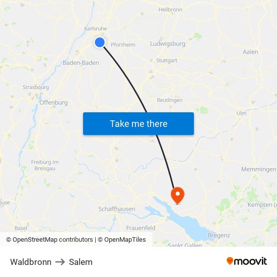 Waldbronn to Salem map