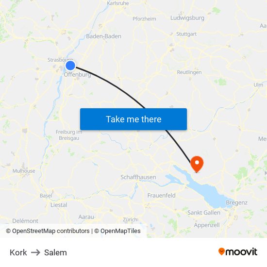 Kork to Salem map