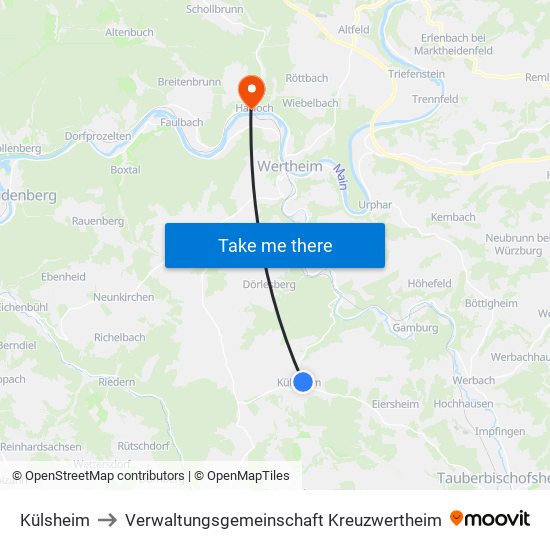 Külsheim to Verwaltungsgemeinschaft Kreuzwertheim map
