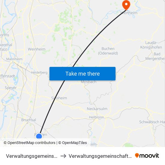 Verwaltungsgemeinschaft Bretten to Verwaltungsgemeinschaft Kreuzwertheim map