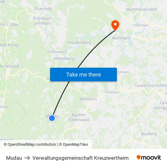 Mudau to Verwaltungsgemeinschaft Kreuzwertheim map