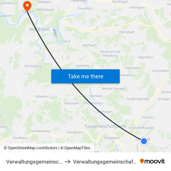 Verwaltungsgemeinschaft Grünsfeld to Verwaltungsgemeinschaft Kreuzwertheim map