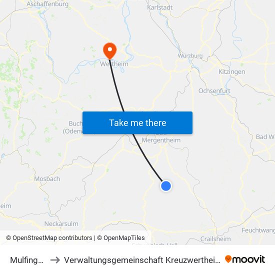 Mulfingen to Verwaltungsgemeinschaft Kreuzwertheim map